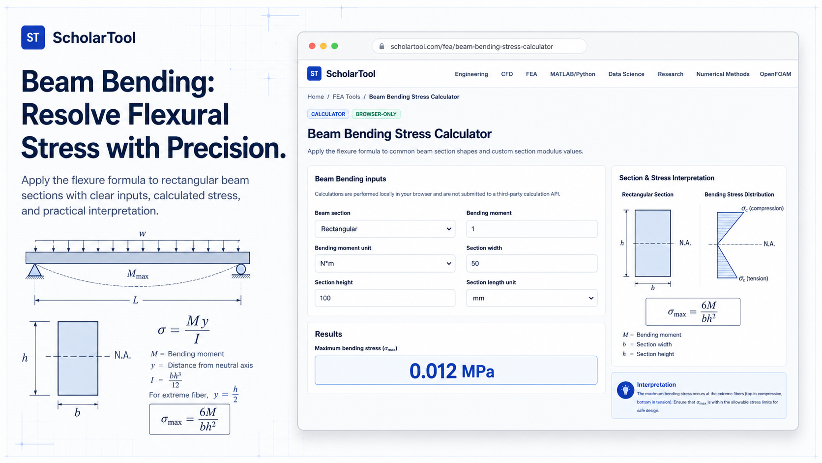 Interface of the ScholarTool Beam Bending Stress Calculator showing a flexure formula calculation.