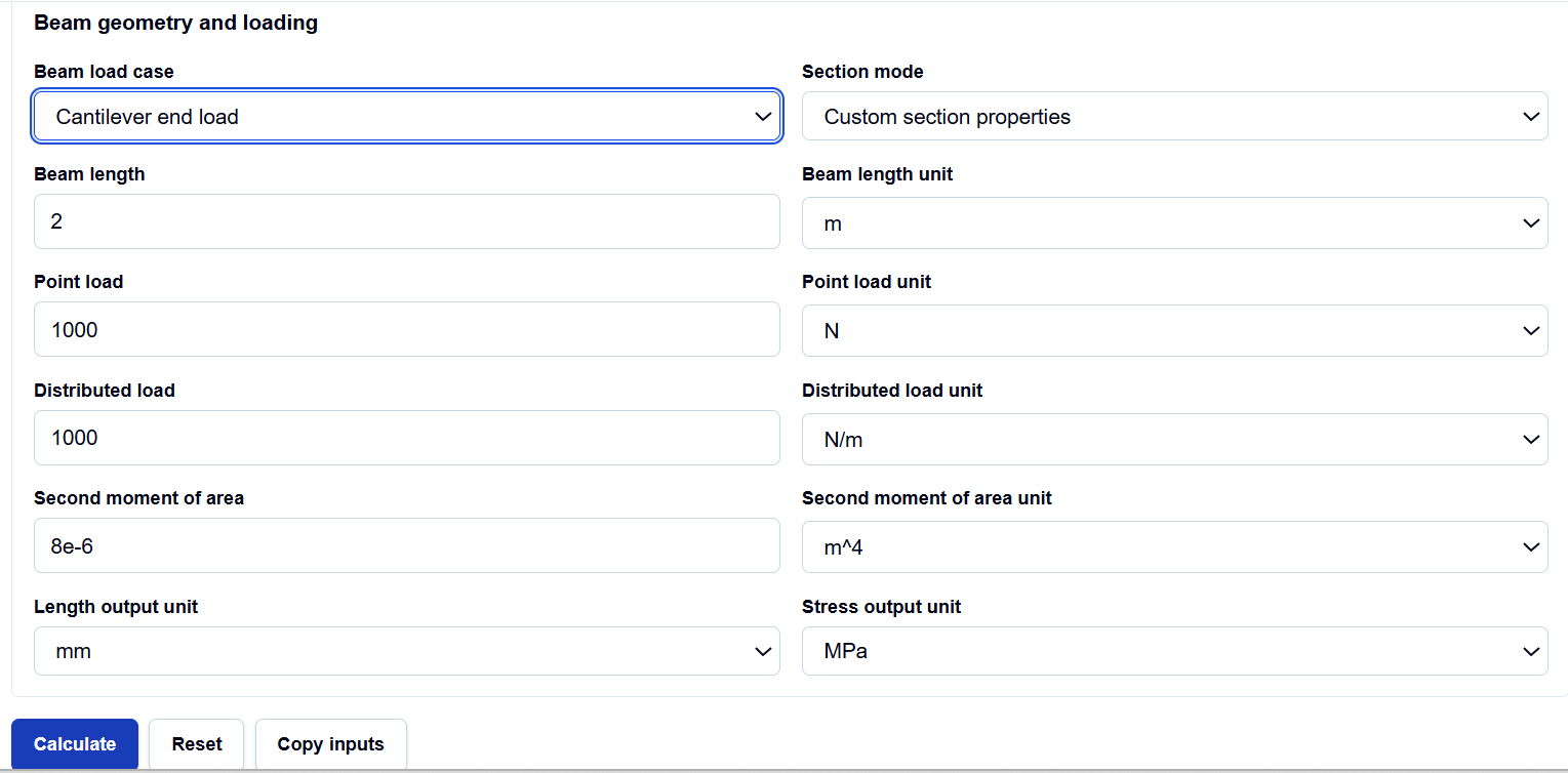 Close-up of the selection menu for beam cases and section shapes on ScholarTool.