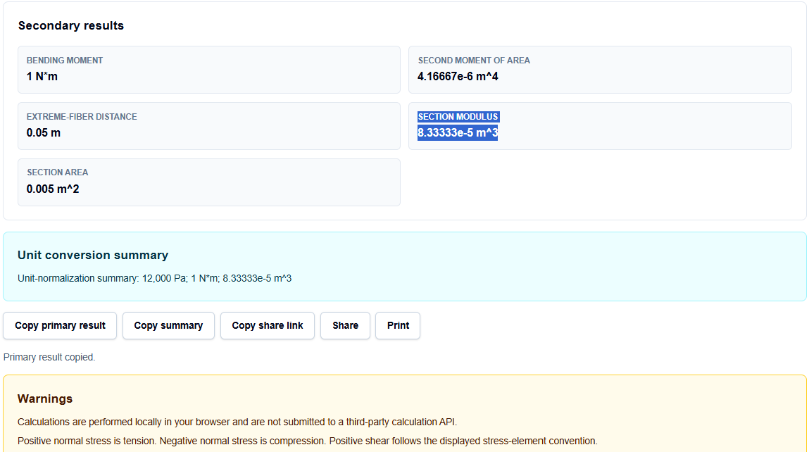 : Results section of the beam calculator showing section modulus and area.