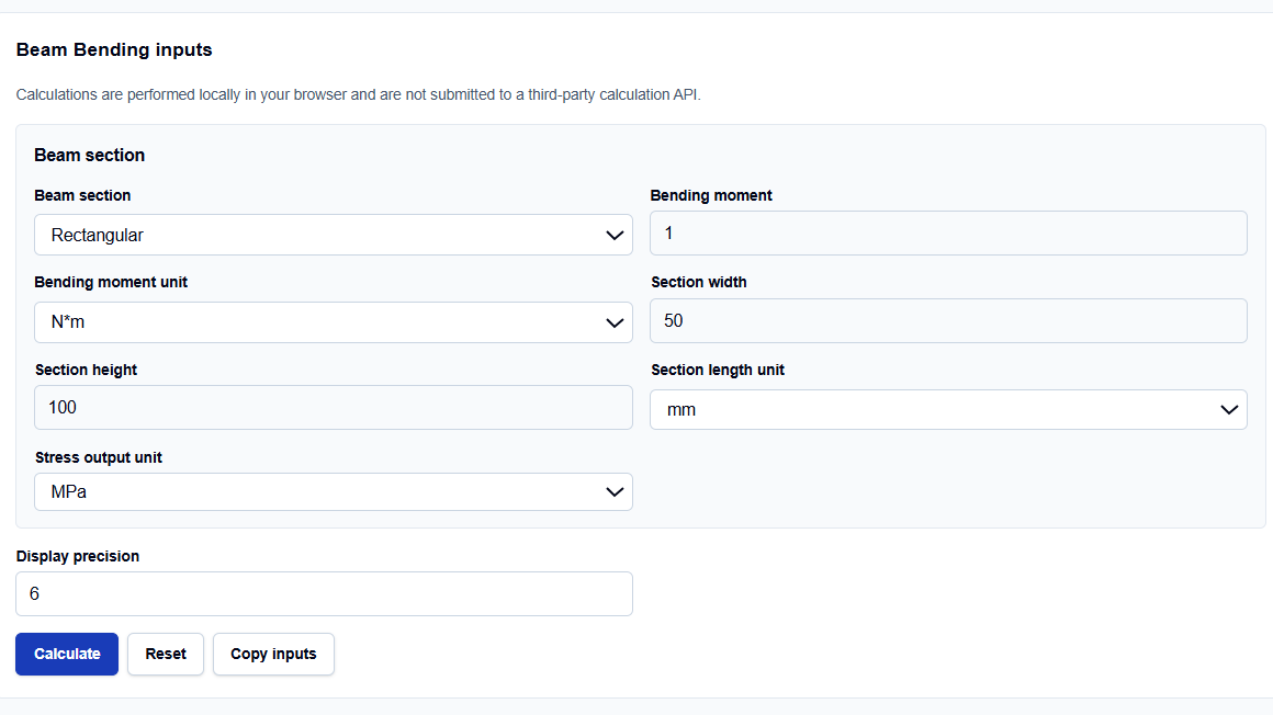Close-up of selection menus for rectangular, circular, and custom beam sections on ScholarTool.