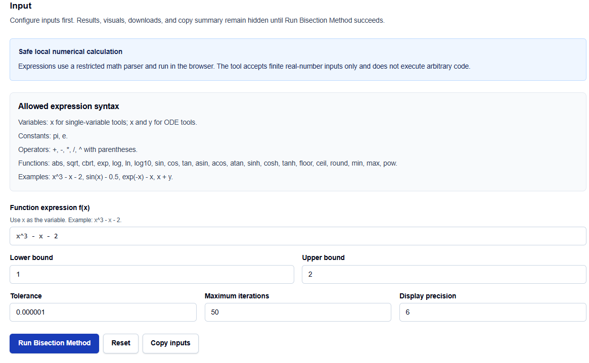 Close-up of input fields for function expressions and interval bounds on ScholarTool.