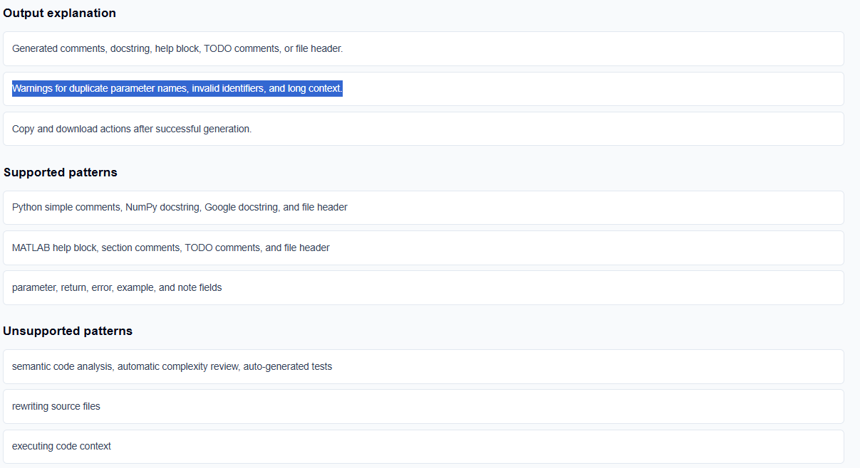 Result section of the documentation generator showing a docstring and syntax validation warnings.