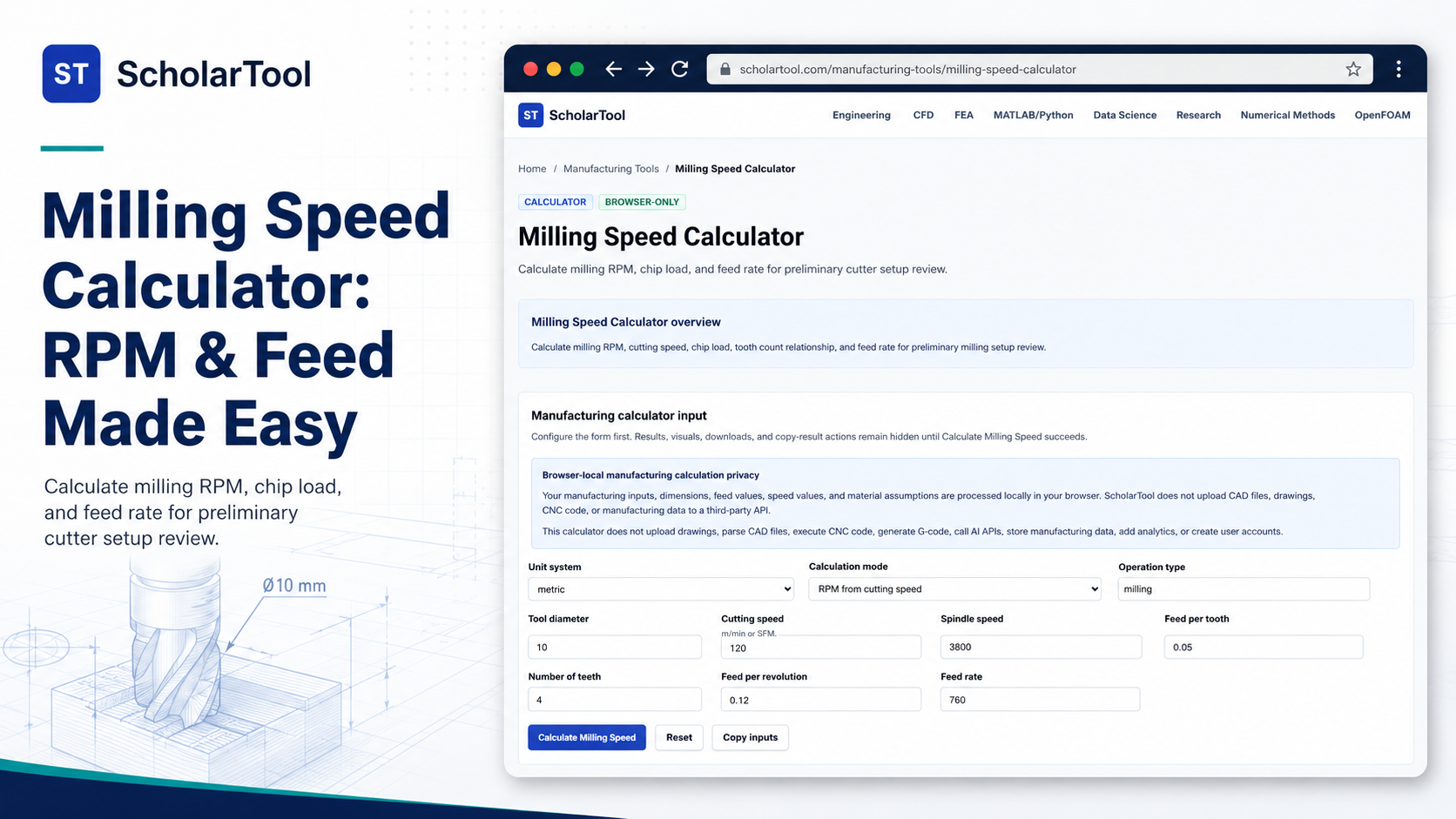 Interface of the ScholarTool Milling Speed Calculator showing metric inputs and the calculate button