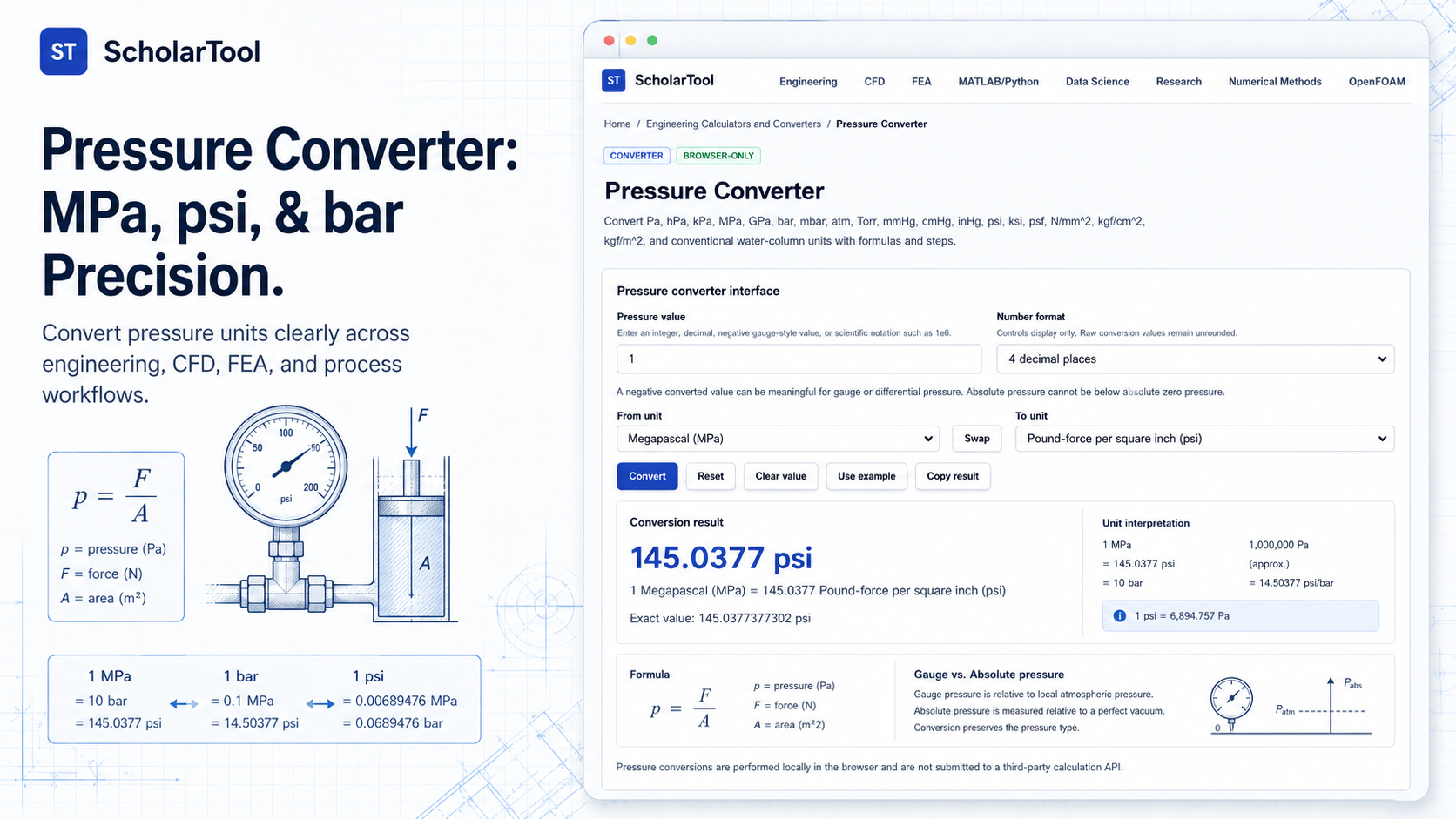 The ScholarTool Pressure Converter interface showing unit selection and a logarithmic scale visual.