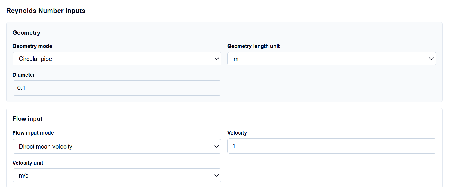 Close-up of geometry and flow input selection menus on ScholarTool.