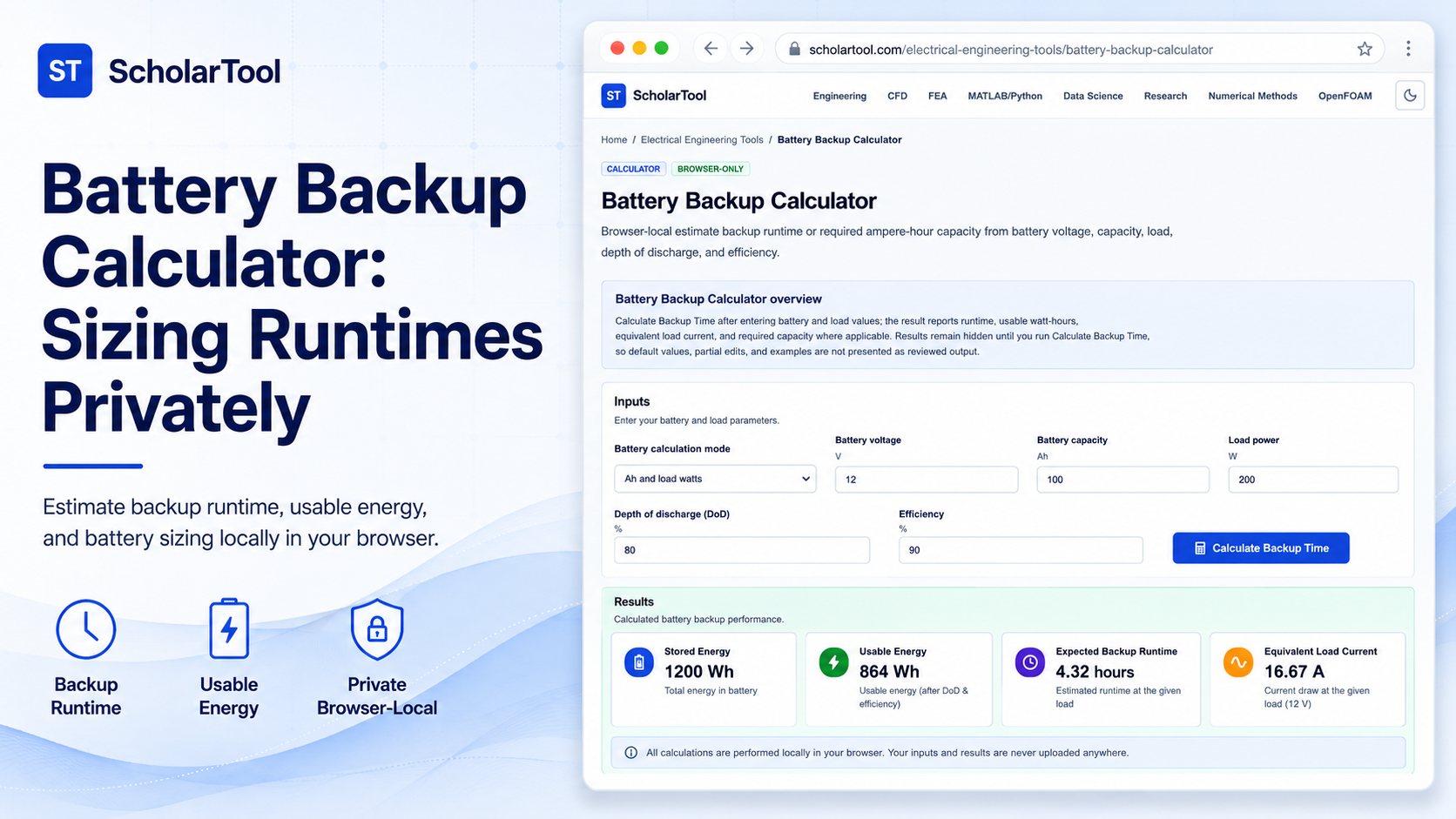 Interface of the ScholarTool Battery Backup Calculator showing input parameters and calculated runtime outputs.