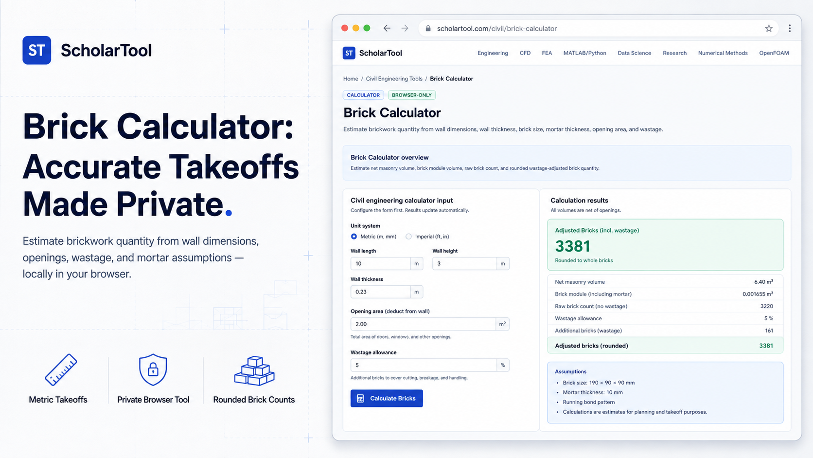 Interface of the ScholarTool Brick Calculator showing metric inputs and the resulting brick quantities.