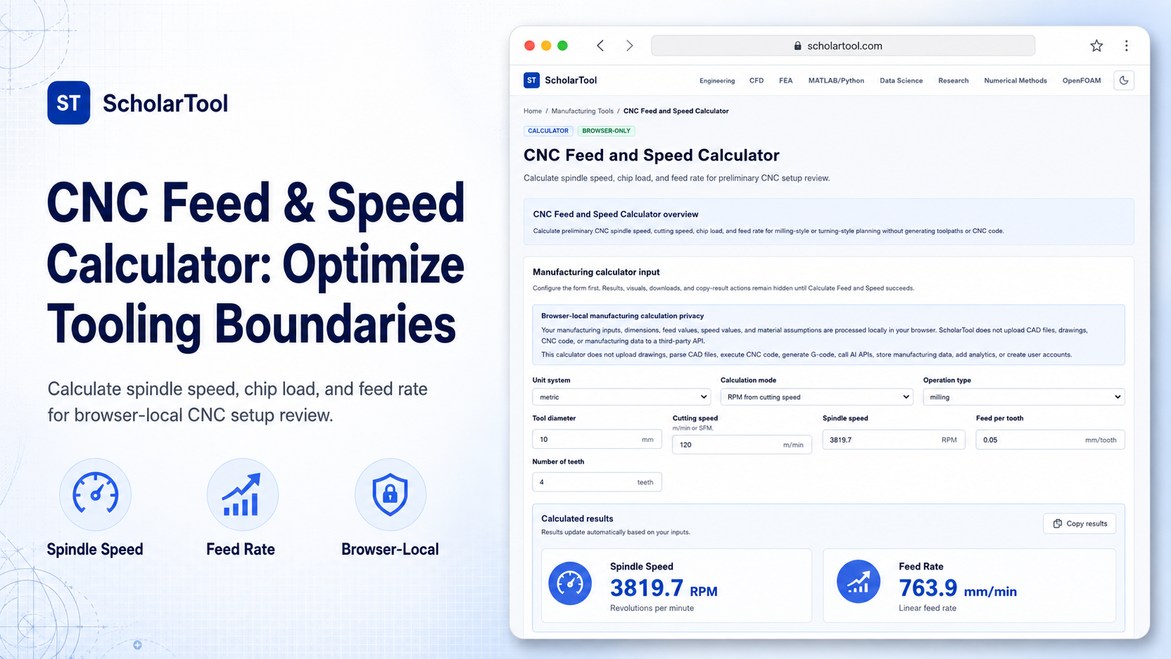 Interface of the ScholarTool CNC Feed and Speed Calculator showing metric input values and calculated results.