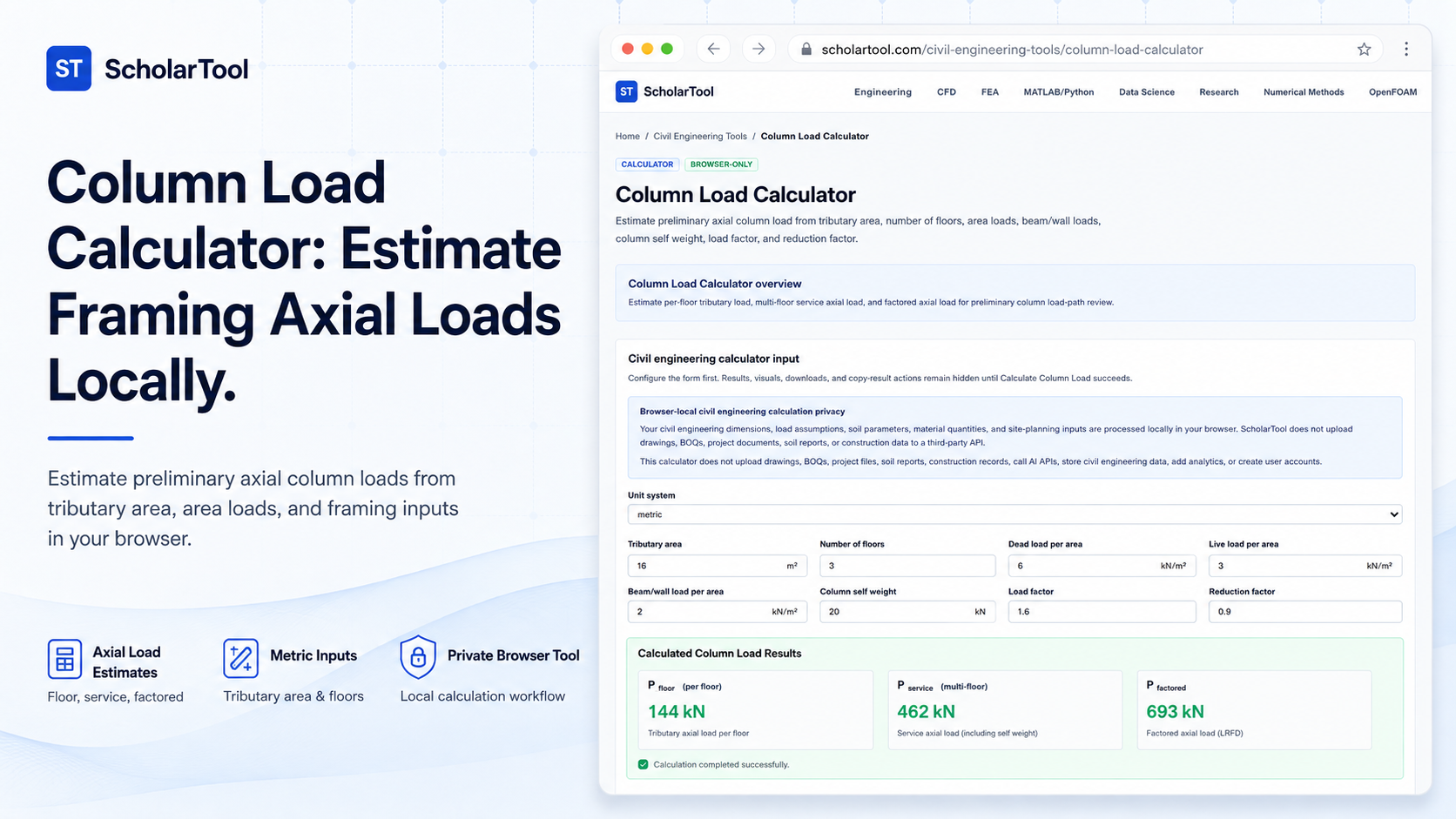 Interface of the ScholarTool Column Load Calculator showing metric inputs and the resulting axial load summary.