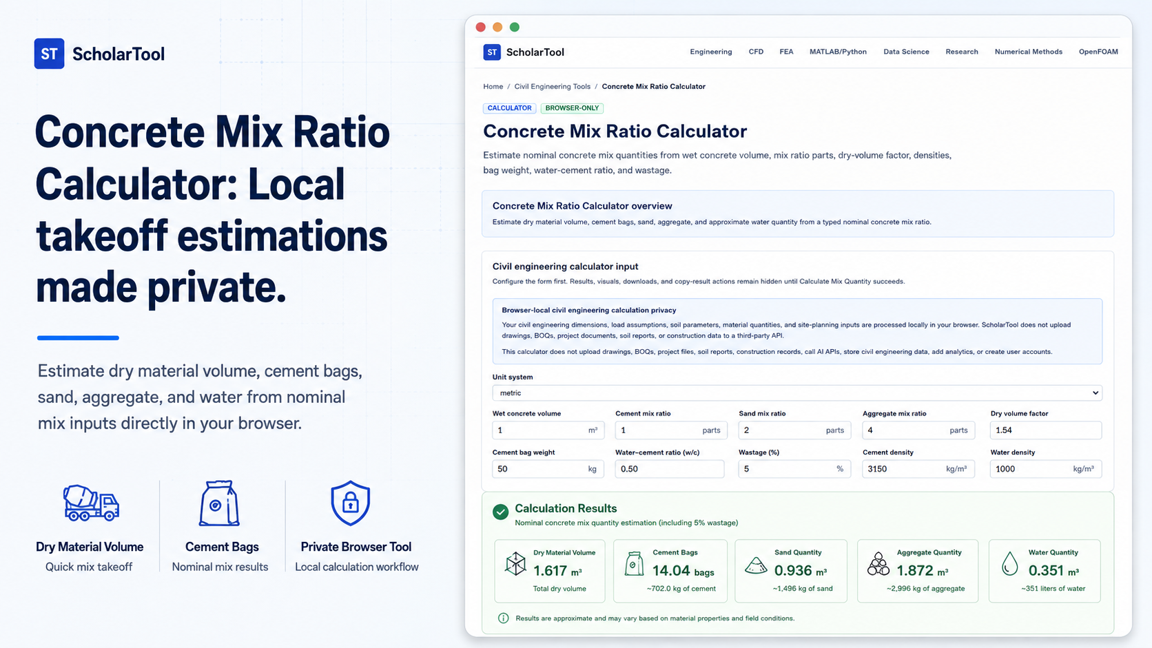 Interface of the ScholarTool Concrete Mix Ratio Calculator showing metric inputs and the resulting material takeoff.