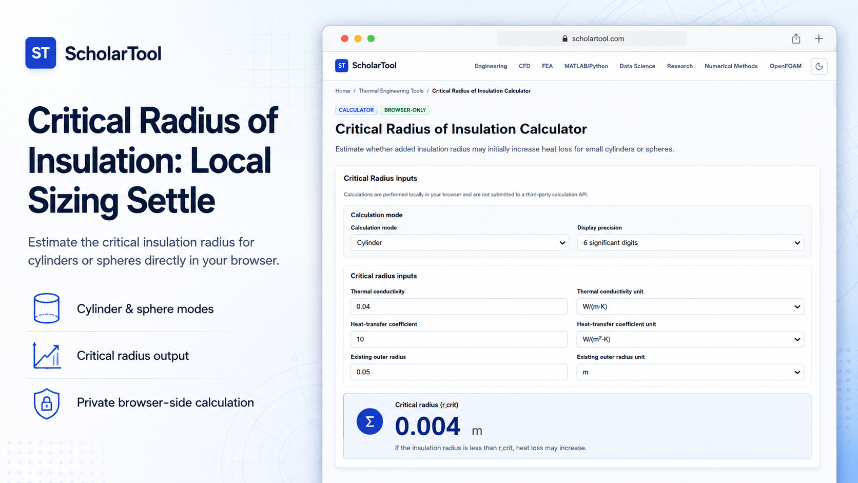 Interface of the ScholarTool Critical Radius of Insulation Calculator displaying cylindrical parameters and critical thickness results.