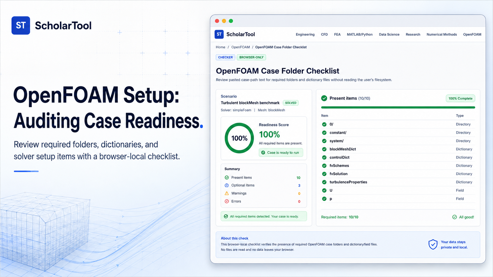Interface of the ScholarTool OpenFOAM Case Folder Checklist showing a successful readiness audit.