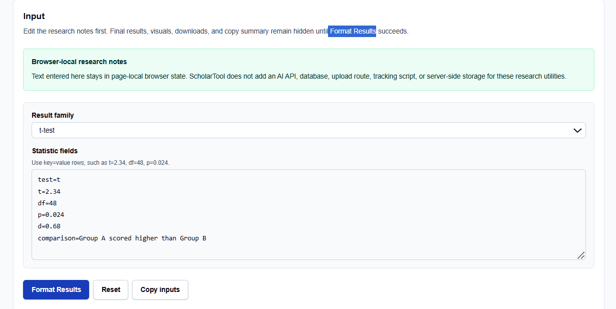 Close-up of the input field on ScholarTool for entering statistical values for APA formatting.