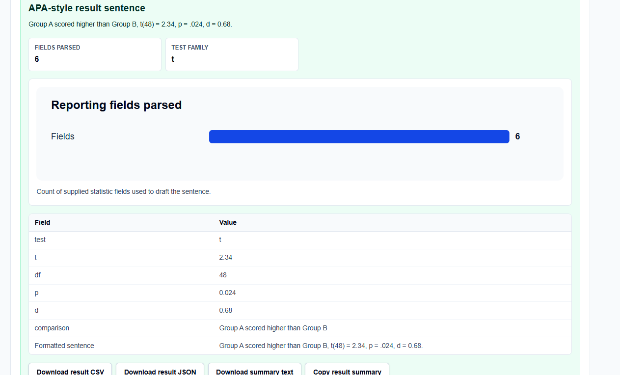 : Results section showing the parsed record count, readiness score, and export options.