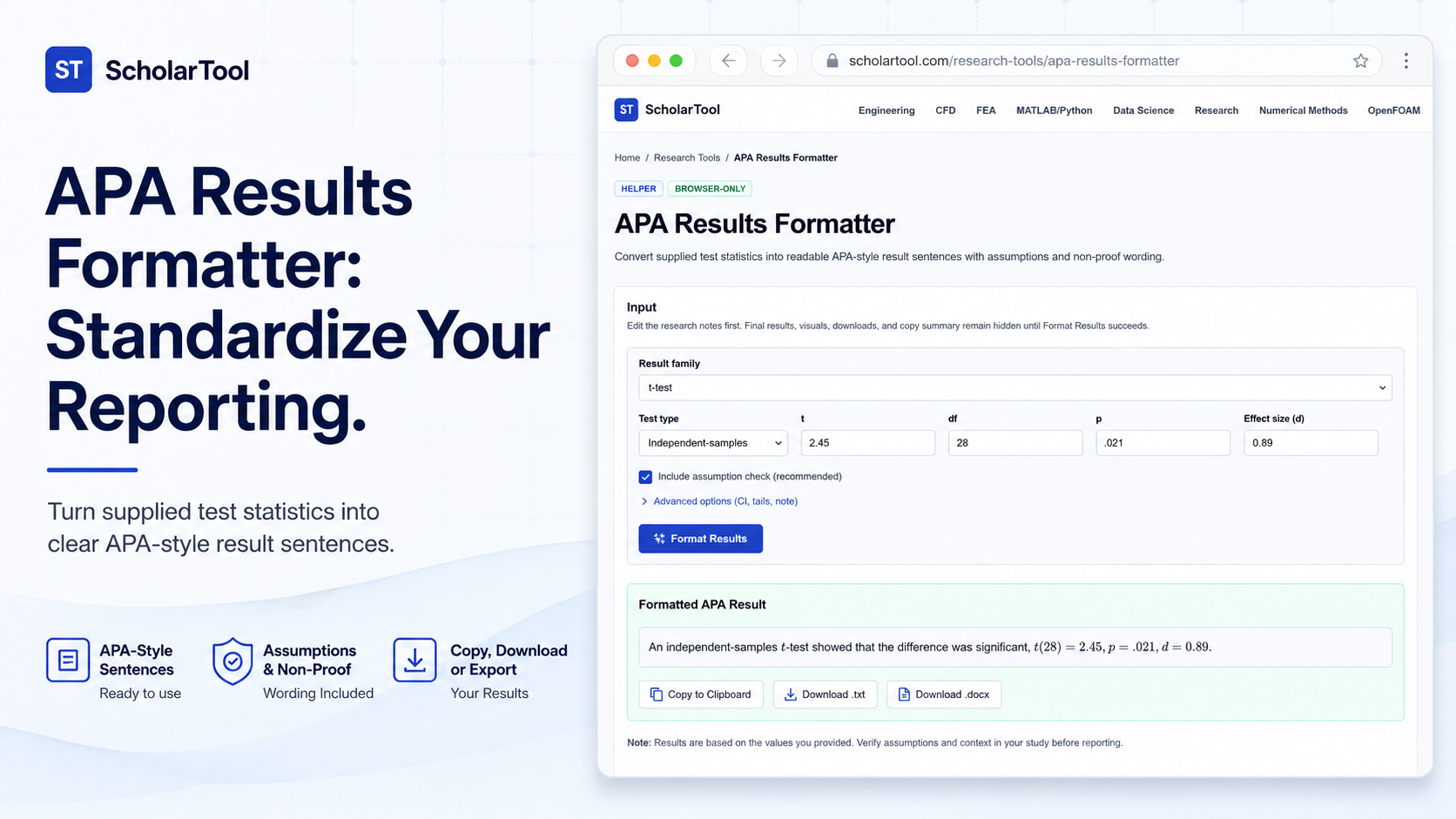Interface of the ScholarTool APA Results Formatter showing statistical input fields and a generated APA-style result sentence.