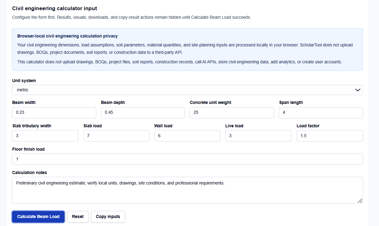 Close-up of metric beam width and depth inputs on ScholarTool.