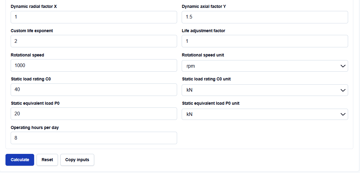 Close-up of selection menus for bearing types and load modes on ScholarTool.