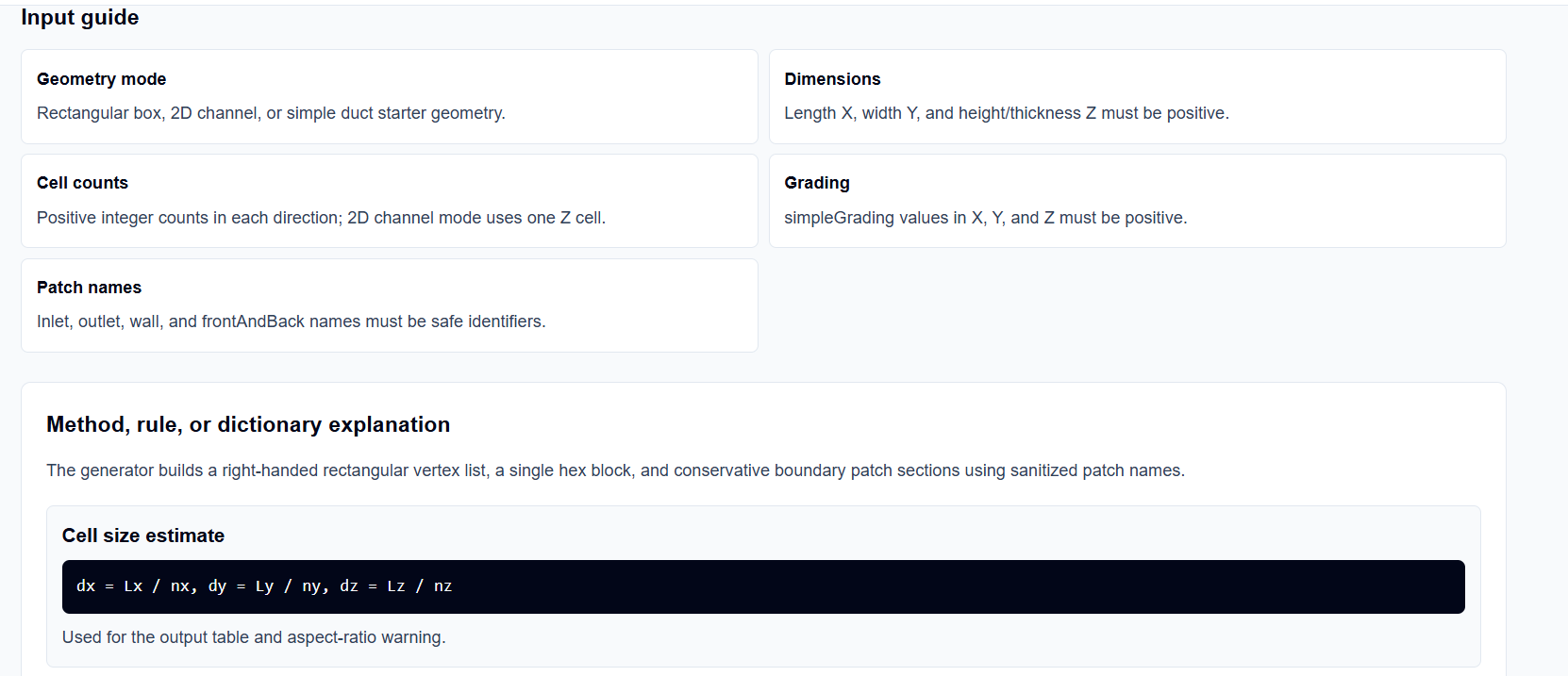 Visual summary block from the blockMeshDict Generator showing cell count and aspect ratio.