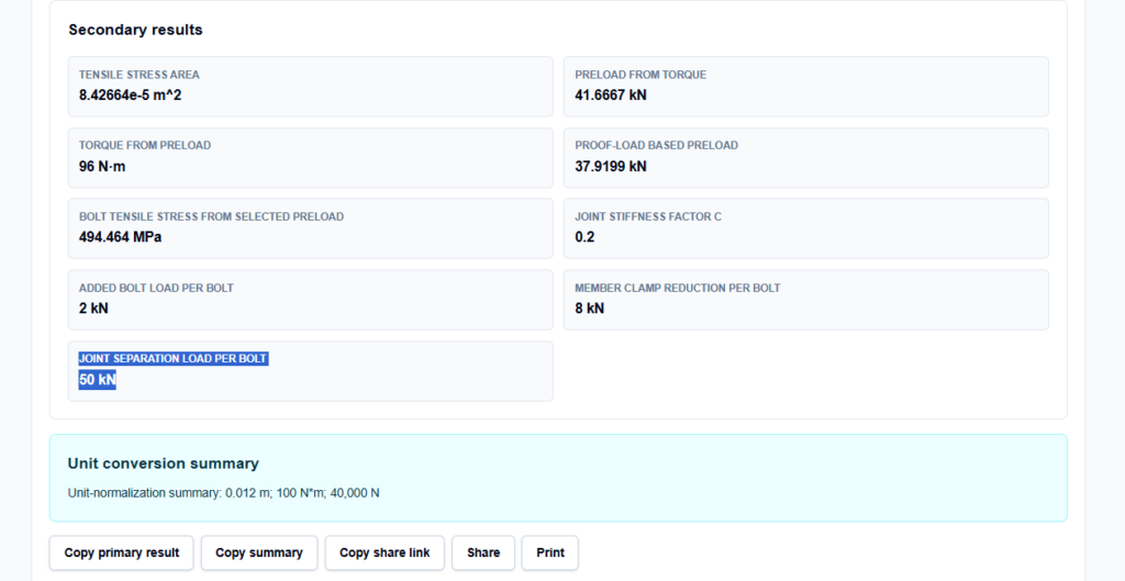 Result section of the calculator showing joint stiffness load sharing and separation limits.