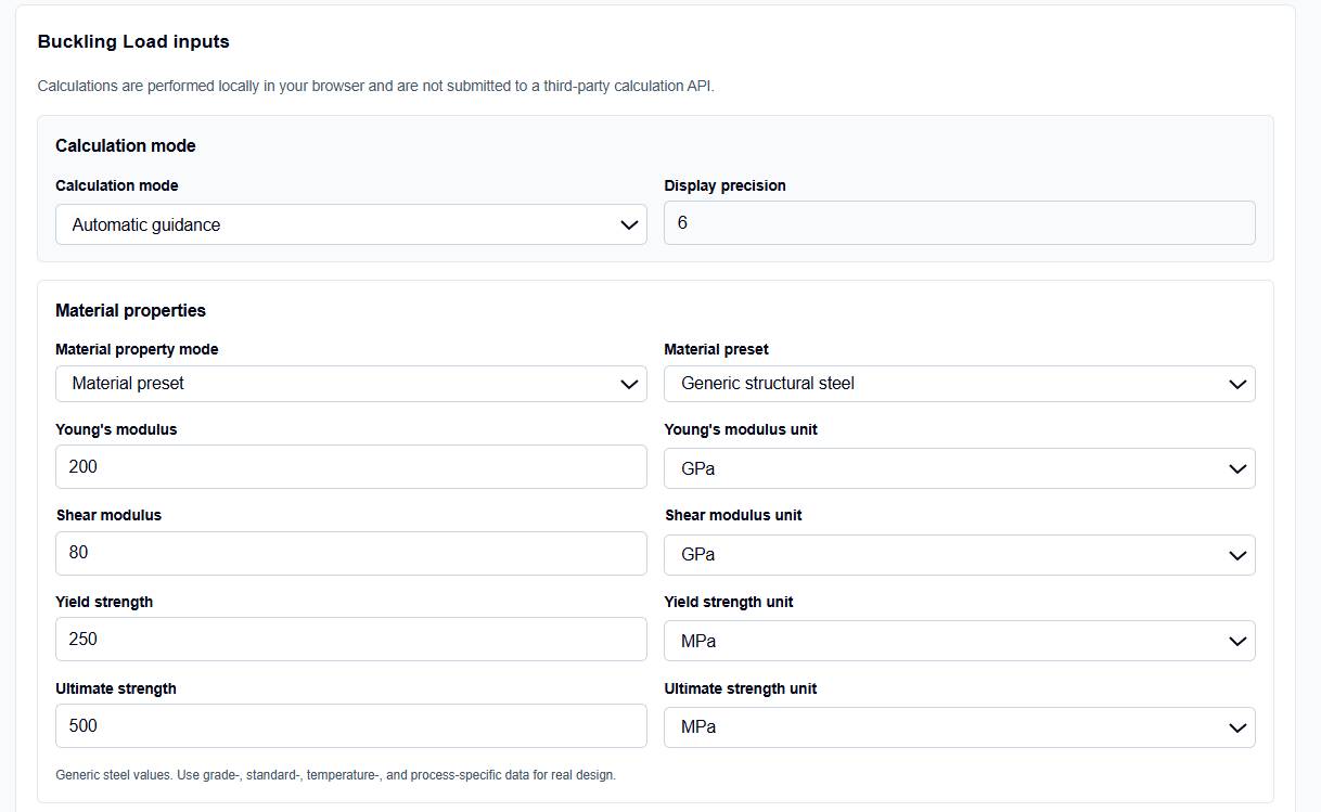 Close-up of selection menus for buckling methods and effective length factors on ScholarTool.