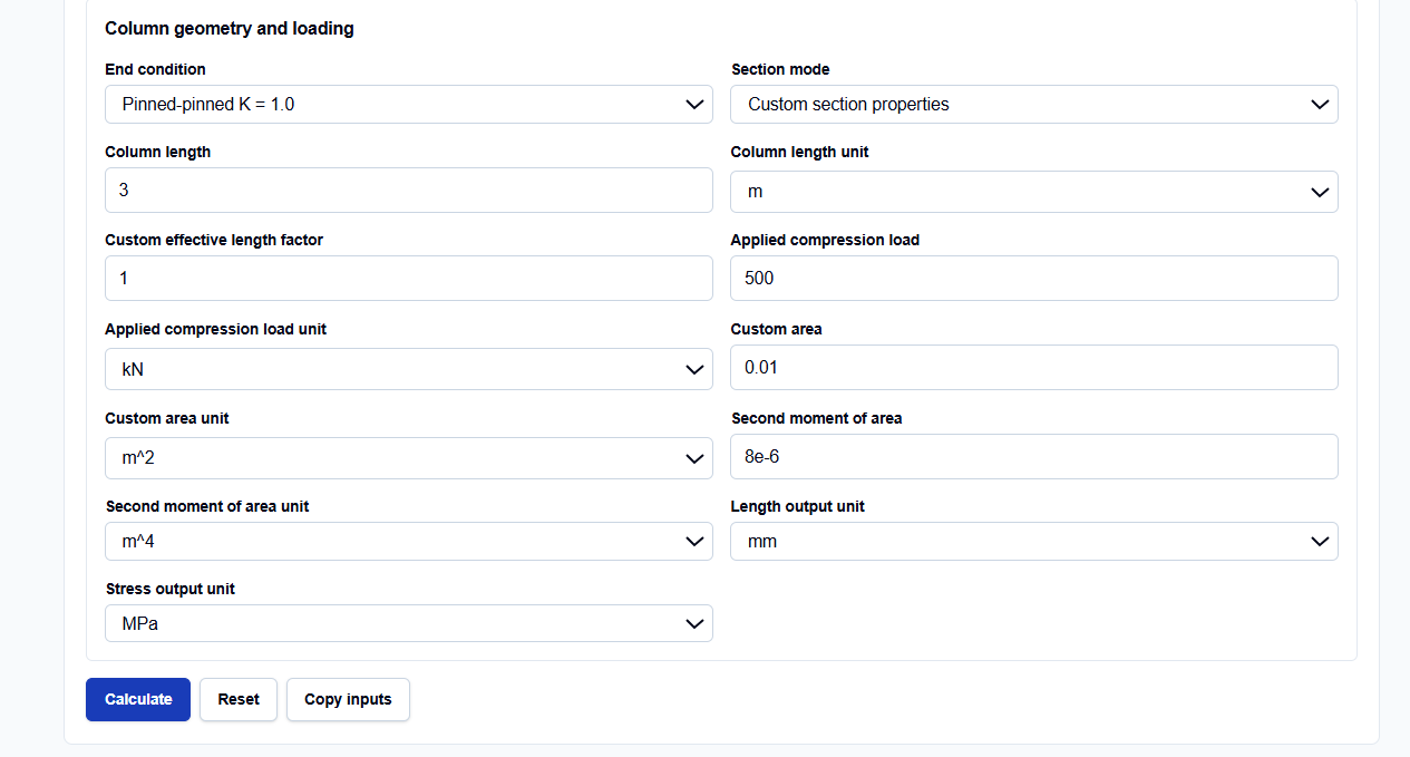 Close-up of selection menus for buckling methods and effective length factors on ScholarTool.