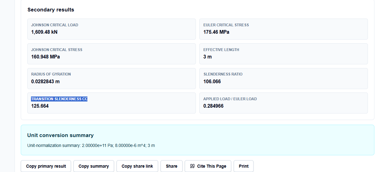 Results section of the buckling calculator showing sorted slenderness values and critical load.