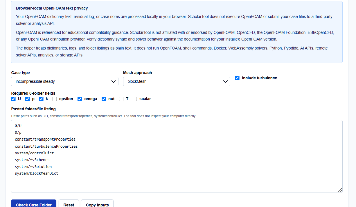 Close-up of OpenFOAM case type and required field selection on ScholarTool.