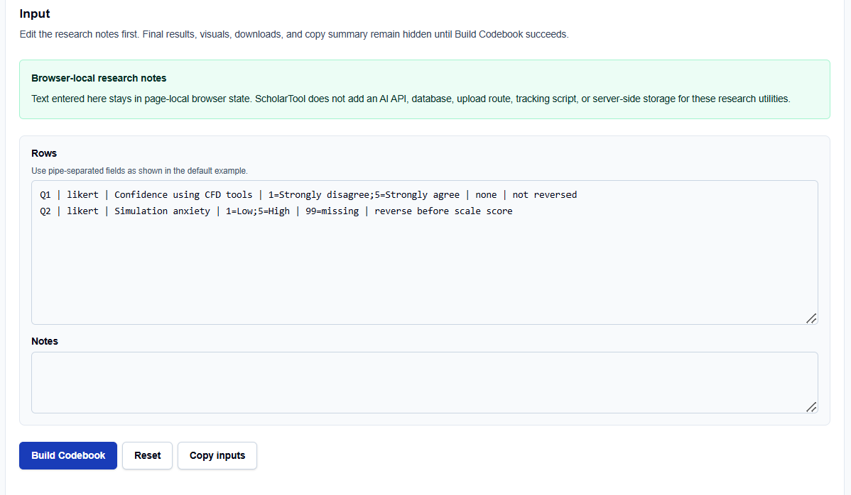 Close-up of the variable rows input field on ScholarTool showing pipe-separated data entries.