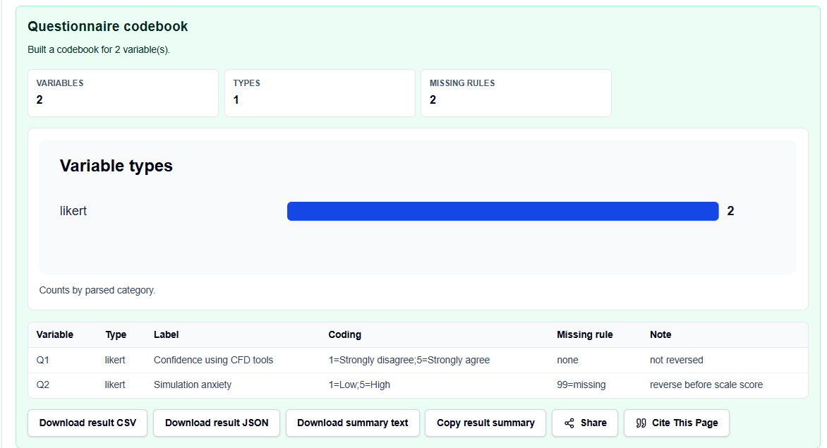 Results section of the codebook builder showing parsed records, readiness scores, and status categories.