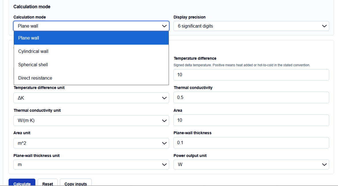 Close-up of geometry selection options on the ScholarTool Conduction Calculator.