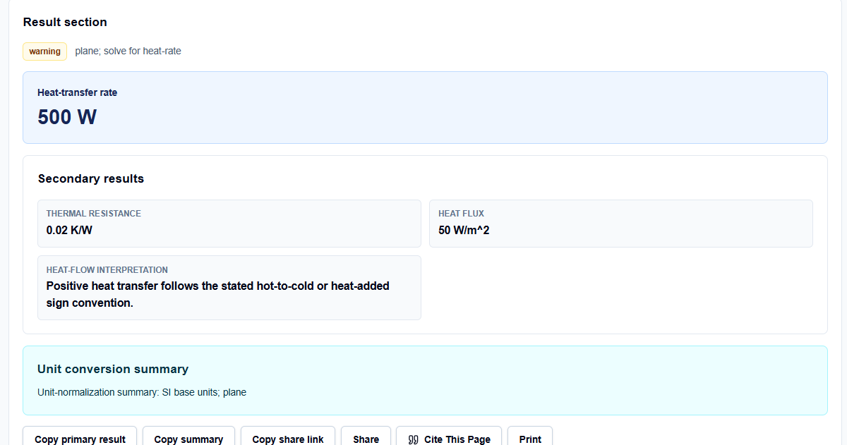 Output section of the ScholarTool Conduction Calculator displaying the primary Watts result and heat flux summaries.