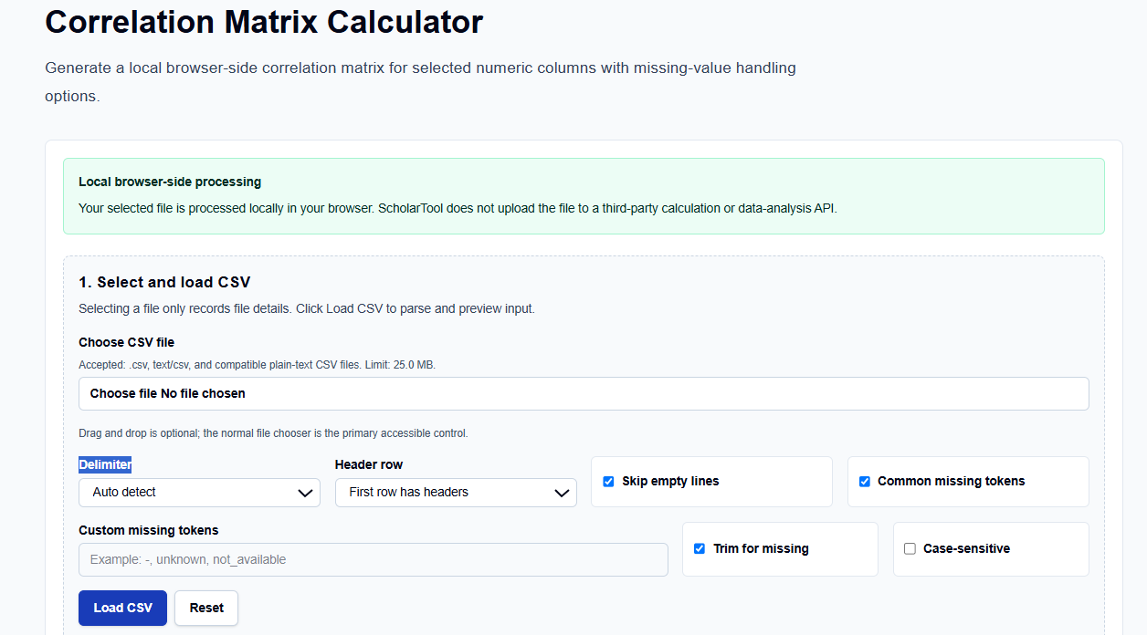 Close-up of CSV loading and missing token configuration on ScholarTool.