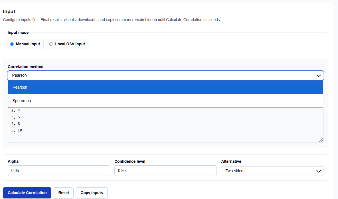 Close-up of correlation method and alternative hypothesis toggles on ScholarTool.