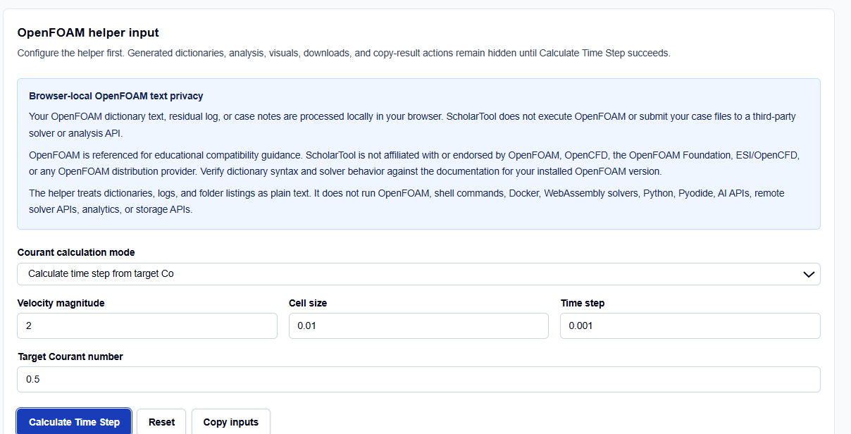 Close-up of calculation mode selection and physics inputs on ScholarTool.
