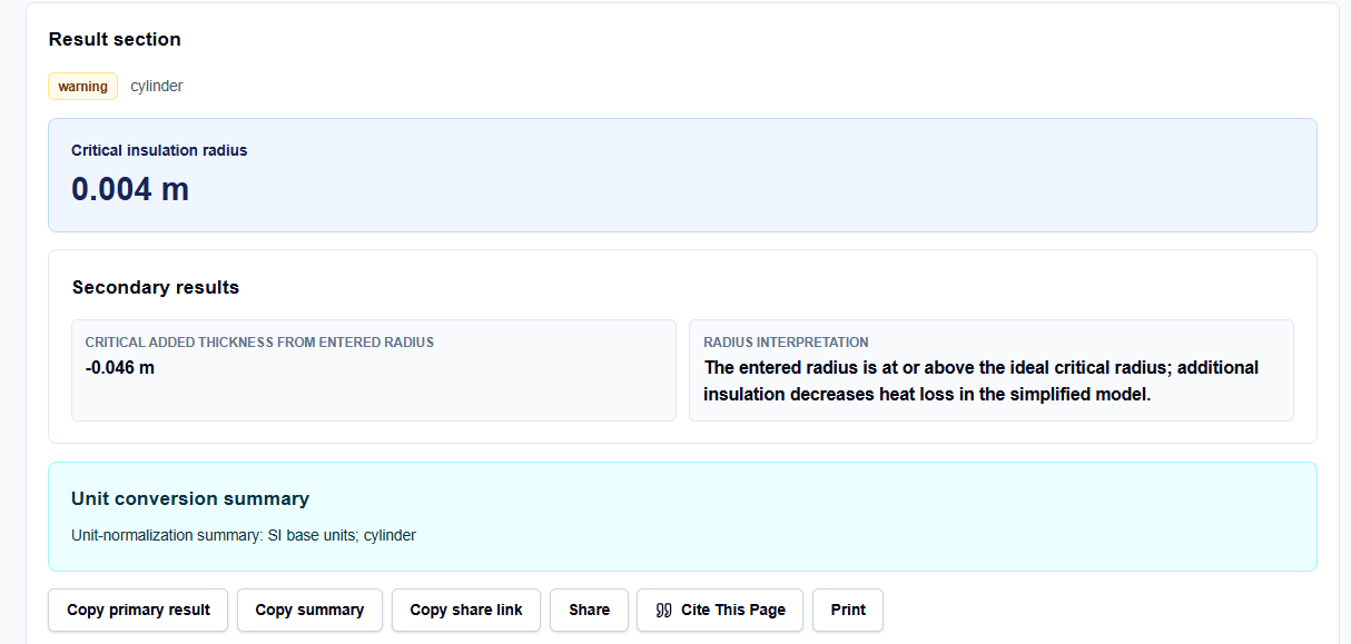Calculated outputs on ScholarTool showing critical thickness and radius interpretation results.