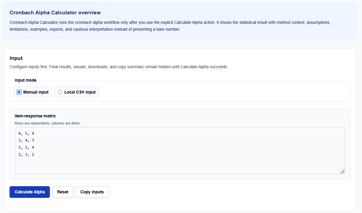 Close-up of manual matrix inputs and local CSV file upload toggles on ScholarTool.