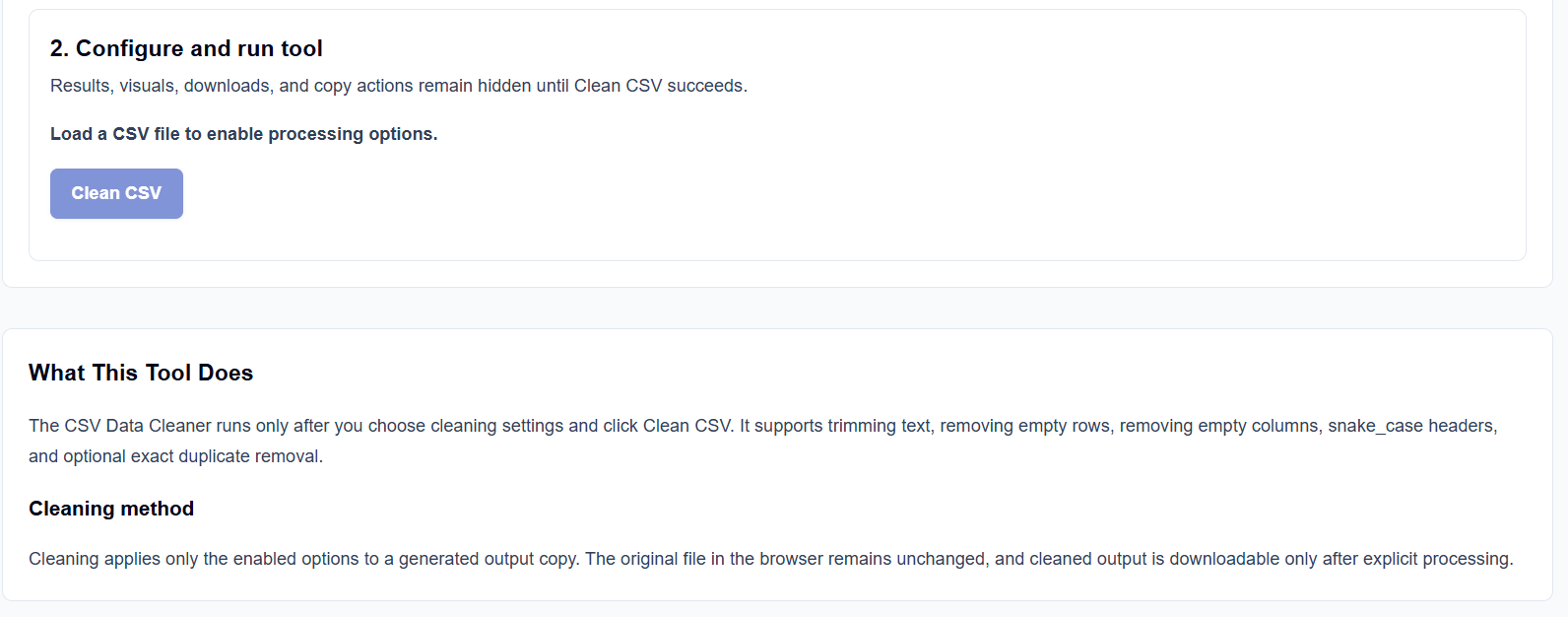 Results section of the CSV Data Cleaner showing a cleaned table and download button.