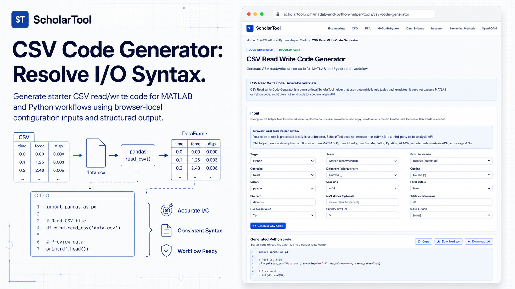 Interface of the ScholarTool CSV Read Write Code Generator showing a generated pandas import snippet.