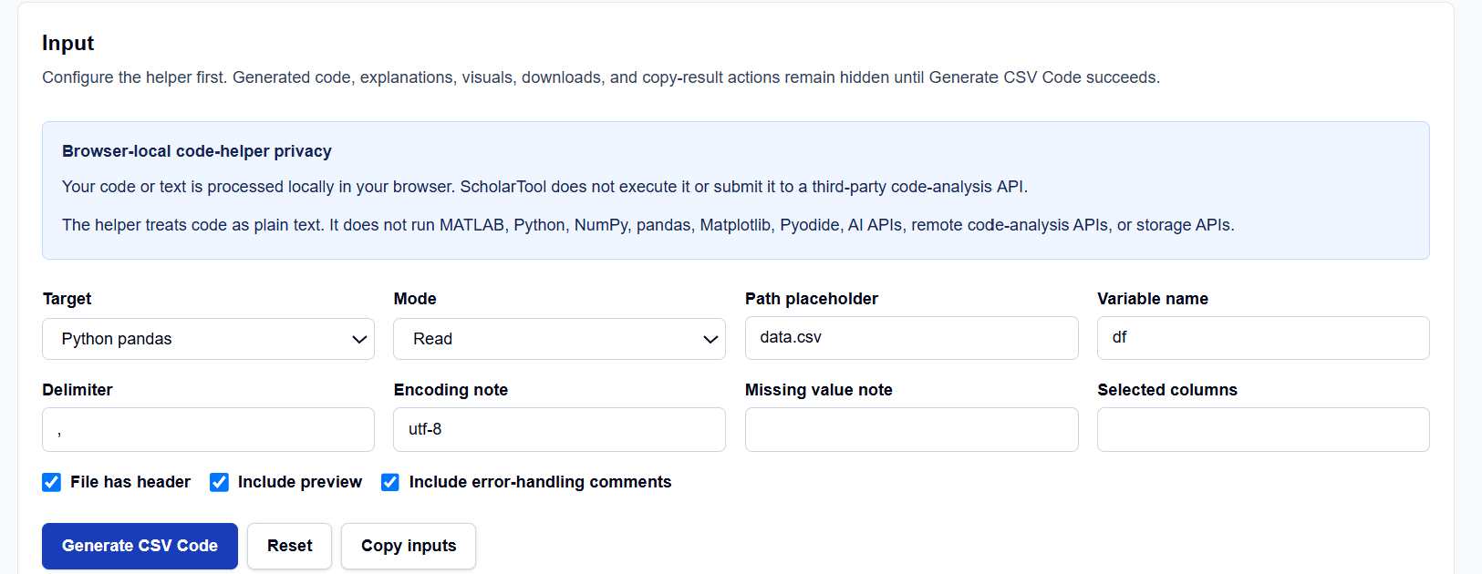 Close-up of the Target selection menu on the ScholarTool CSV code generator.