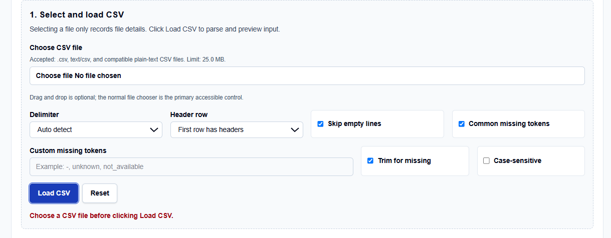 Close-up of CSV loading options on ScholarTool, including delimiter selection and custom missing token settings.