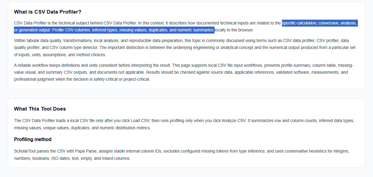 Results section of the CSV Data Profiler showing column types, uniqueness, and missing value reports.
