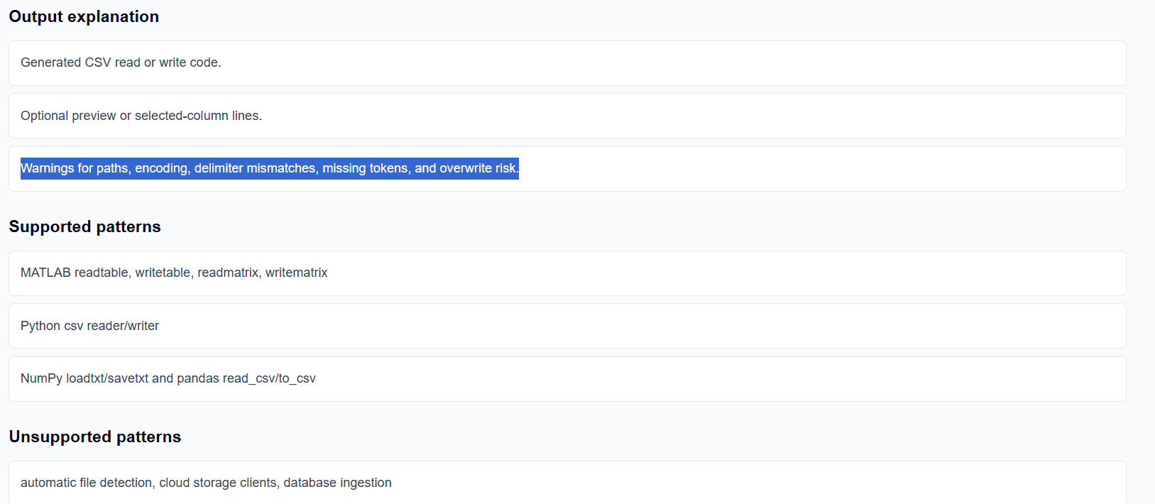 Result section of the code generator showing generated code and overwrite warnings.