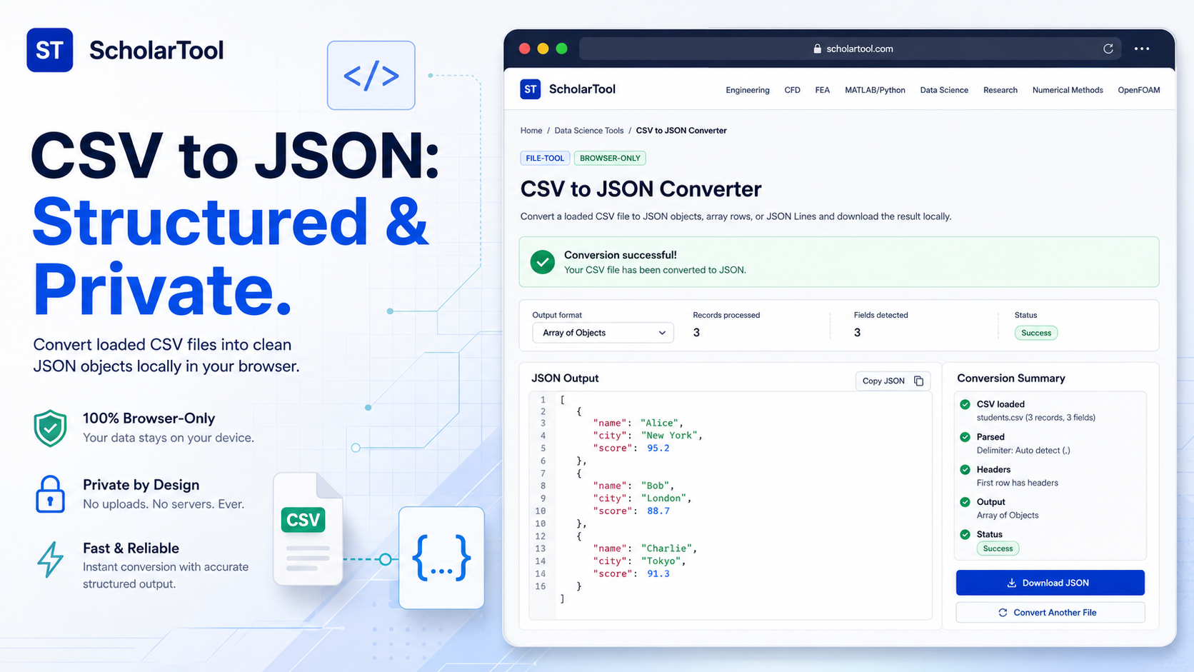 Interface of the ScholarTool CSV to JSON Converter showing CSV-to-object conversion results.