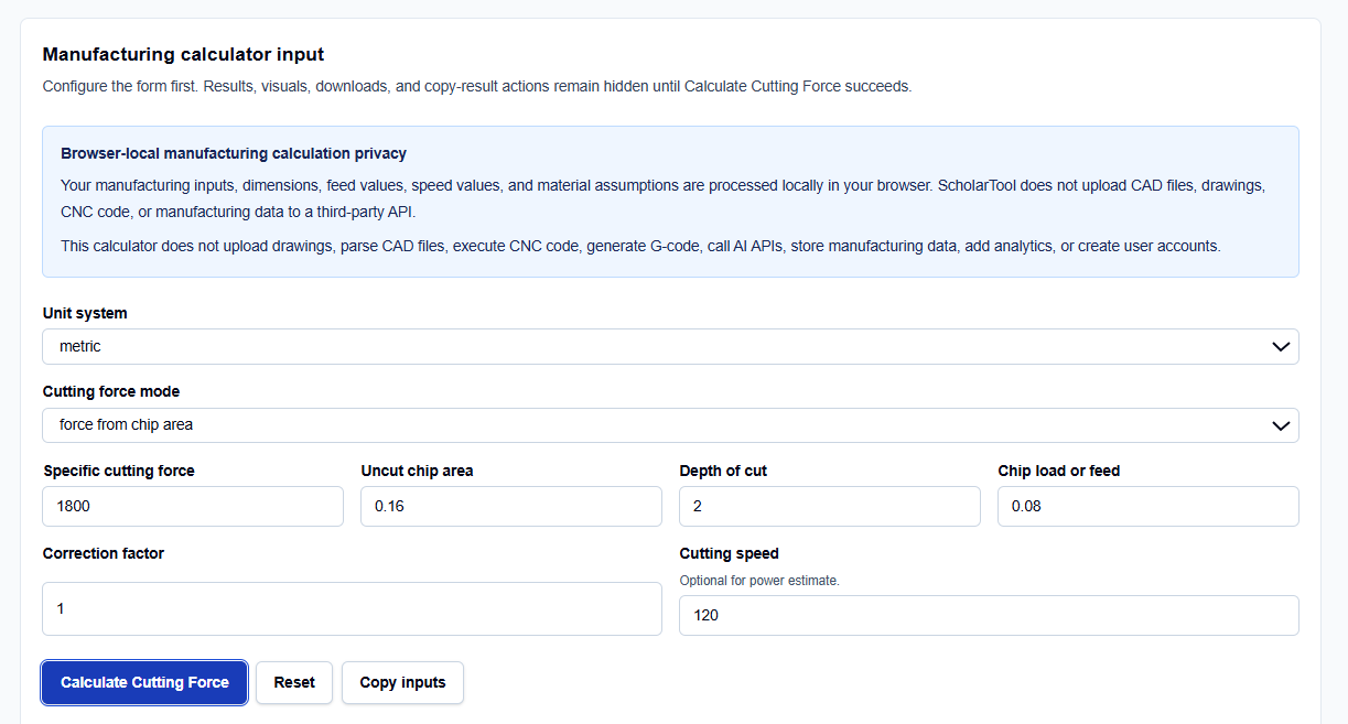 Close-up of unit system standard toggles and calculation mode dropdown controls on ScholarTool.
