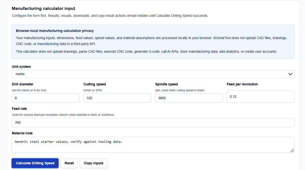 Close-up of unit system toggles and cutting parameters on ScholarTool.
