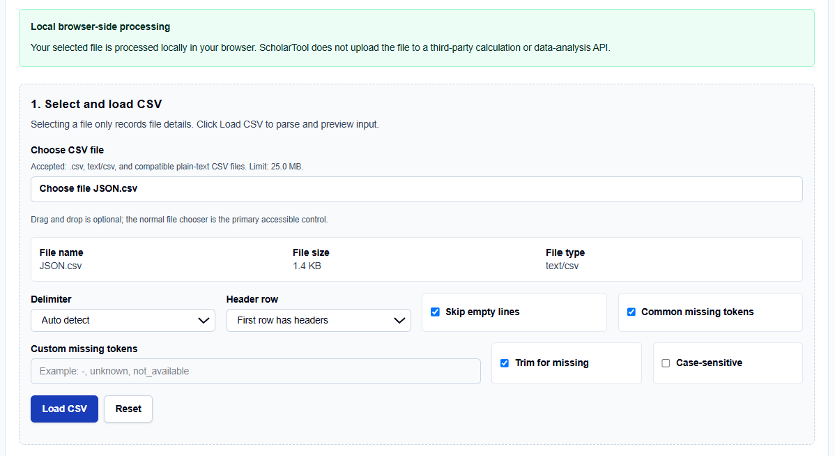 Close-up of CSV loading and matching configuration options on ScholarTool.