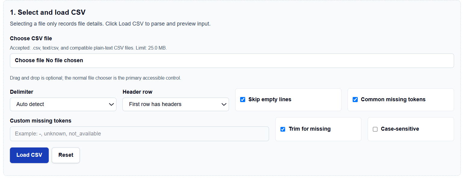 Close-up of CSV loading and token configuration options on ScholarTool.