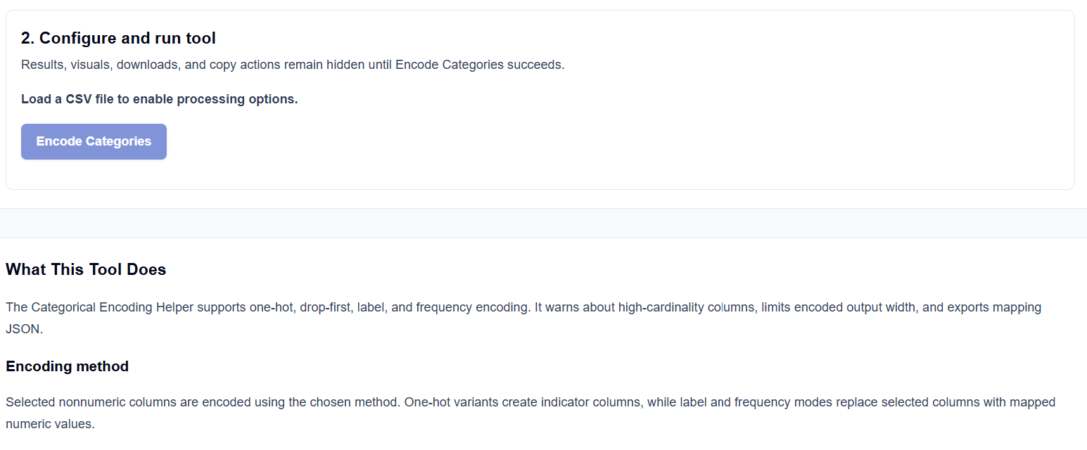 Results section showing an encoded CSV preview and JSON mapping export buttons.