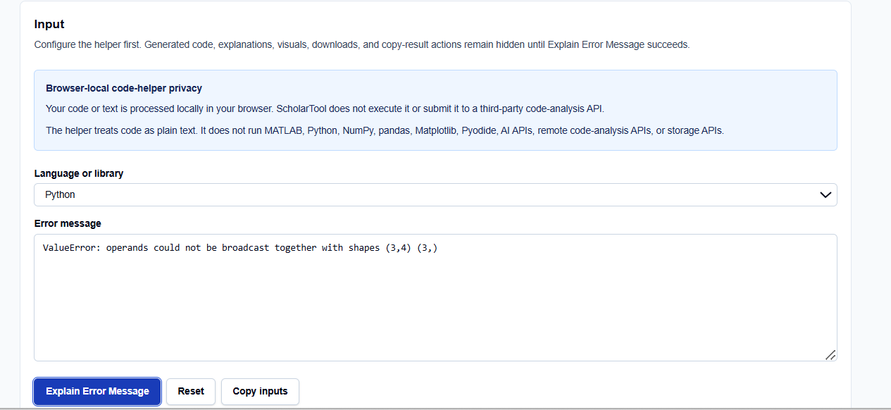 Close-up of the selection buttons for Python, NumPy, pandas, and MATLAB error analysis.