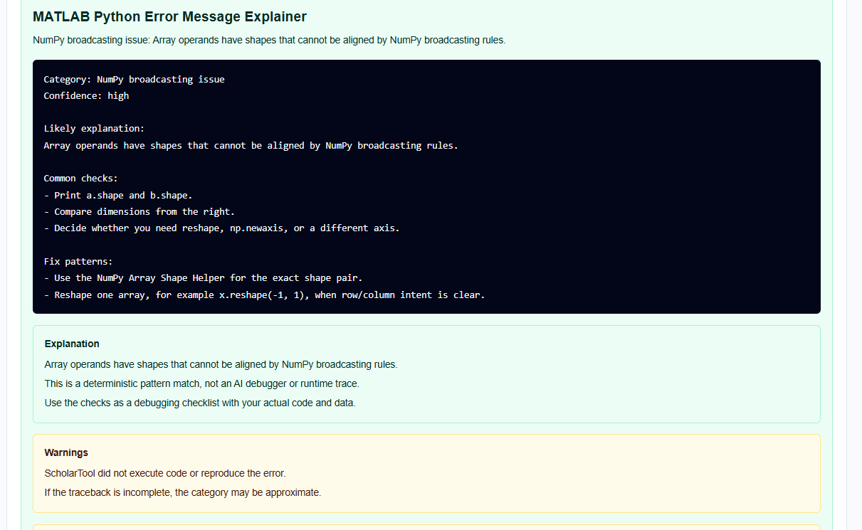 : Result section of the error explainer showing a category and suggested fix checks.